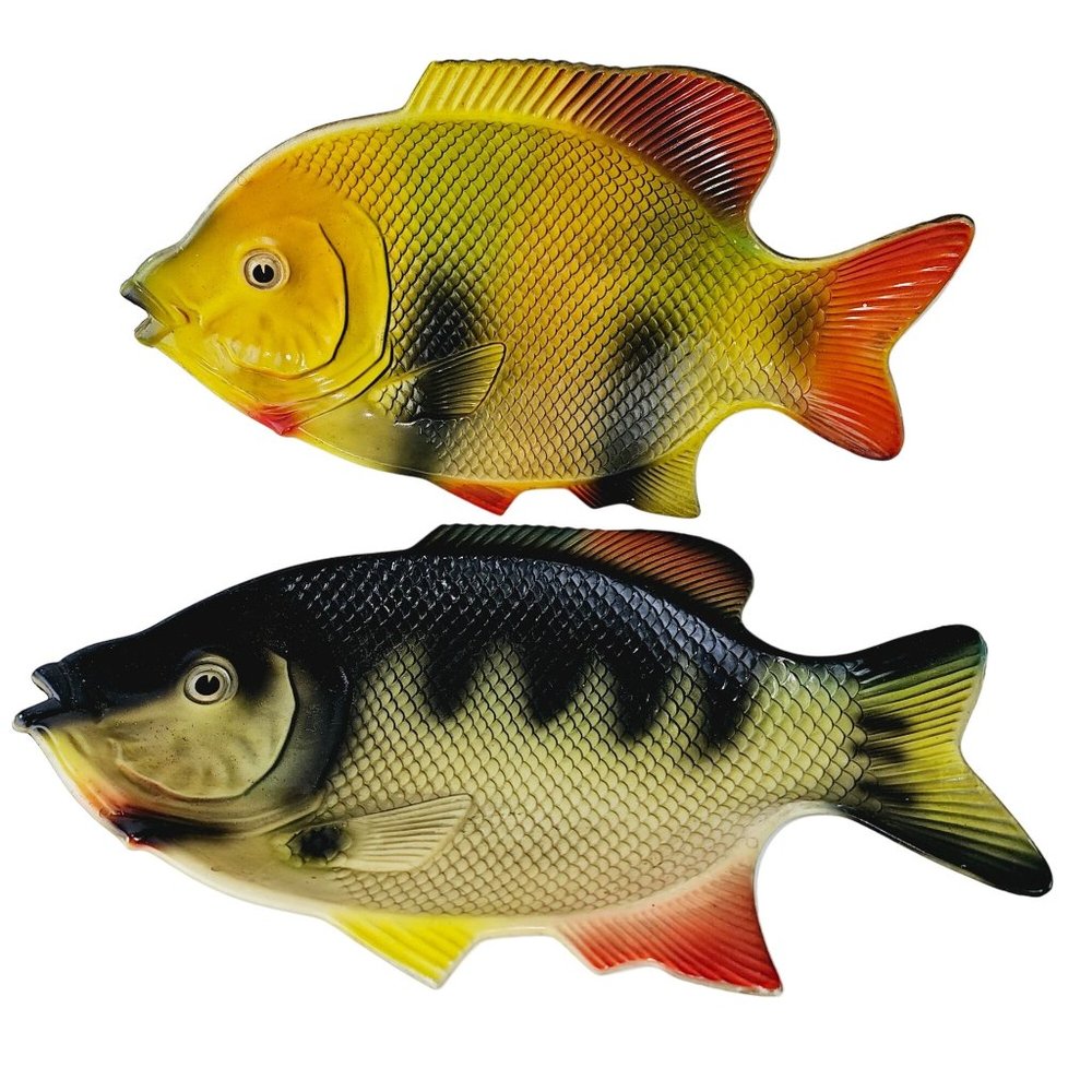 Vintage 70's Hoover Melamine Rainbow Fish Decor or Trays, Set of 2